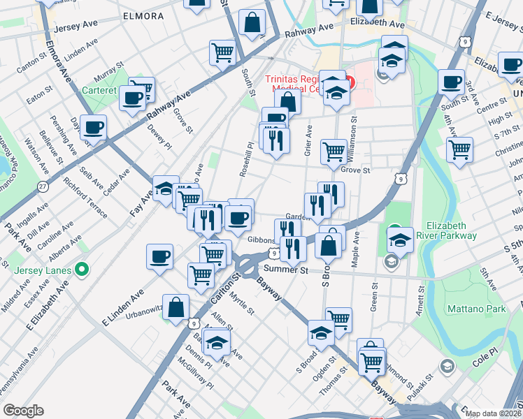 map of restaurants, bars, coffee shops, grocery stores, and more near 852 Garden Street in Elizabeth