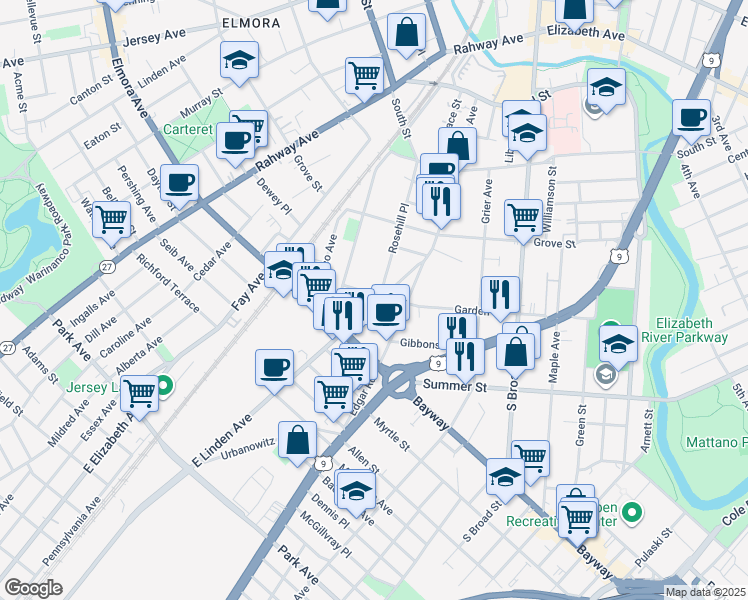 map of restaurants, bars, coffee shops, grocery stores, and more near 508 Lidgerwood Avenue in Elizabeth
