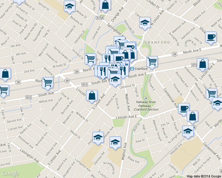 map of restaurants, bars, coffee shops, grocery stores, and more near 39 South Union Avenue in Cranford