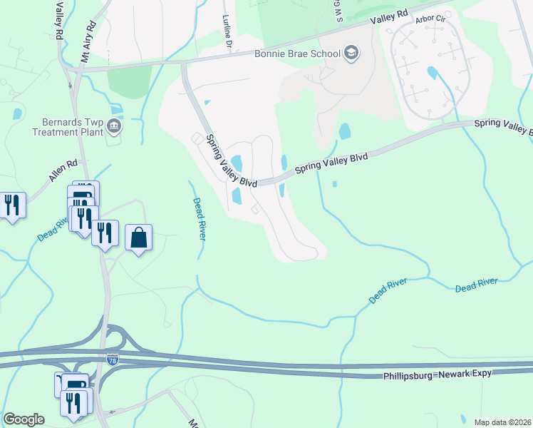 map of restaurants, bars, coffee shops, grocery stores, and more near 279 Penns Way in Basking Ridge