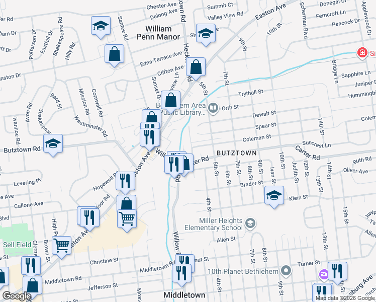 map of restaurants, bars, coffee shops, grocery stores, and more near 3405 Carter Road in Bethlehem