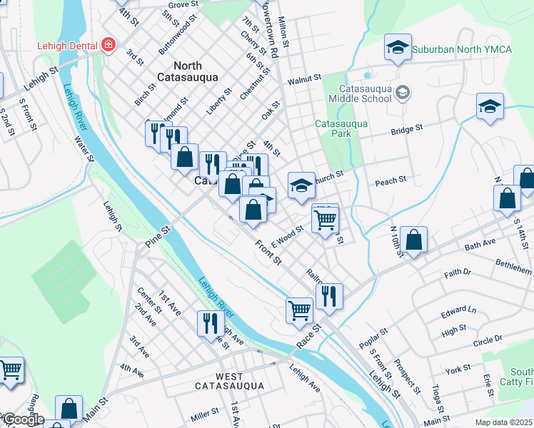 map of restaurants, bars, coffee shops, grocery stores, and more near 203 Church Street in Catasauqua