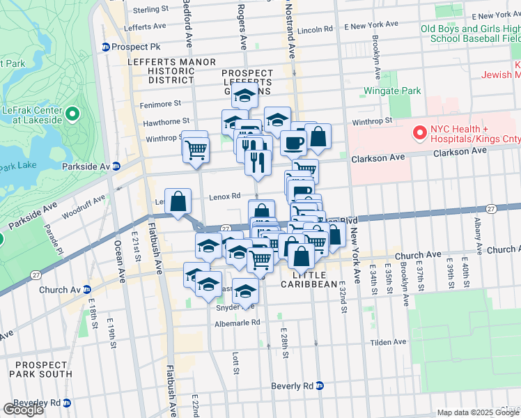 map of restaurants, bars, coffee shops, grocery stores, and more near 760 Rogers Avenue in Brooklyn