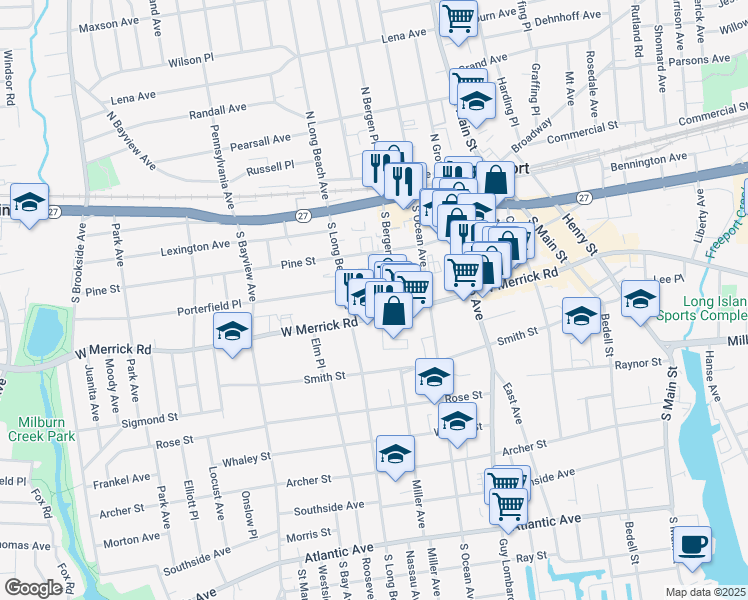 map of restaurants, bars, coffee shops, grocery stores, and more near 190w West Merrick Road in Freeport