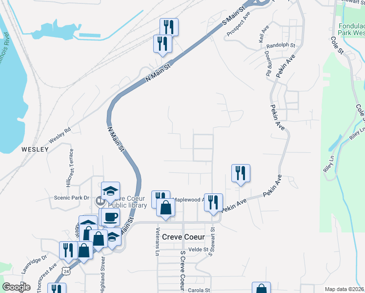 map of restaurants, bars, coffee shops, grocery stores, and more near 328 E High St in Creve Coeur