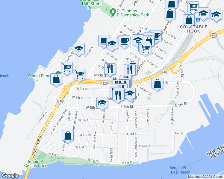 map of restaurants, bars, coffee shops, grocery stores, and more near Avenue C & West 7th Street in Bayonne