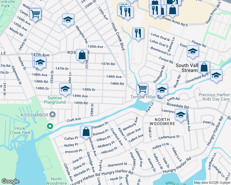 map of restaurants, bars, coffee shops, grocery stores, and more near 259-45 149th Avenue in Queens
