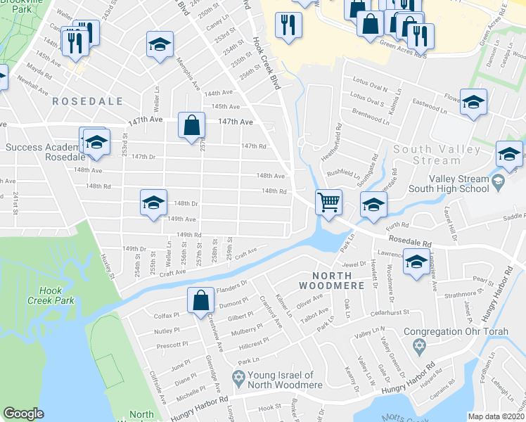 map of restaurants, bars, coffee shops, grocery stores, and more near 259-40 148th Drive in Queens