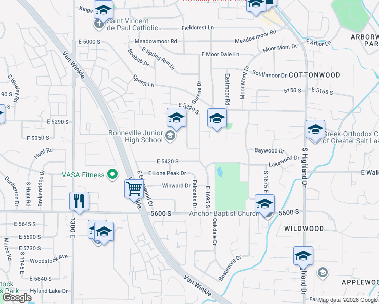 map of restaurants, bars, coffee shops, grocery stores, and more near 1640 East 5375 South in Salt Lake City