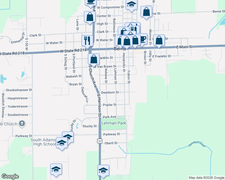 map of restaurants, bars, coffee shops, grocery stores, and more near 655 Lehman Street in Berne