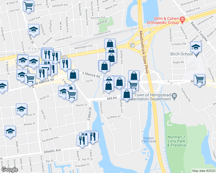 map of restaurants, bars, coffee shops, grocery stores, and more near 27 Saint Johns Place in Freeport