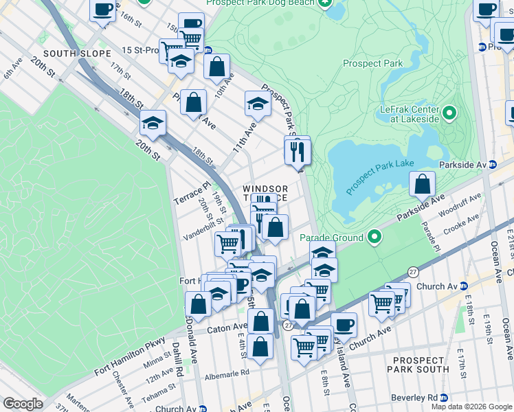 map of restaurants, bars, coffee shops, grocery stores, and more near Prospect Avenue in Brooklyn