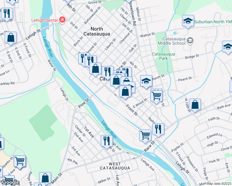 map of restaurants, bars, coffee shops, grocery stores, and more near 413 Front Street in Catasauqua
