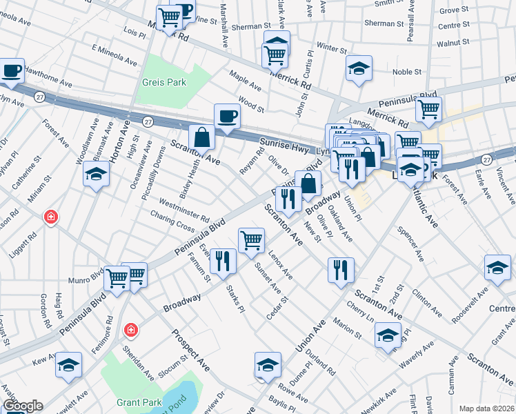 map of restaurants, bars, coffee shops, grocery stores, and more near 319 Peninsula Boulevard in Lynbrook