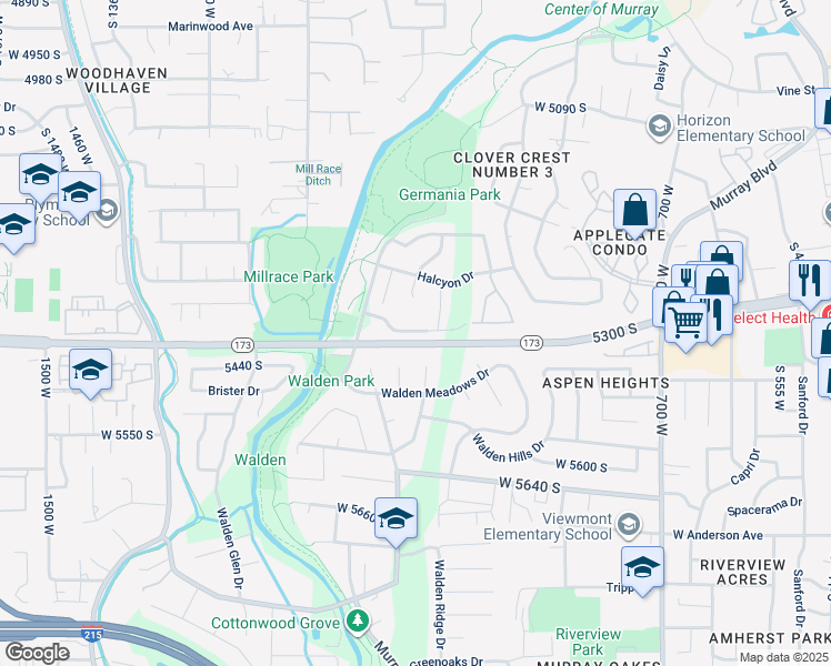 map of restaurants, bars, coffee shops, grocery stores, and more near 1104 West 5400 South in Murray