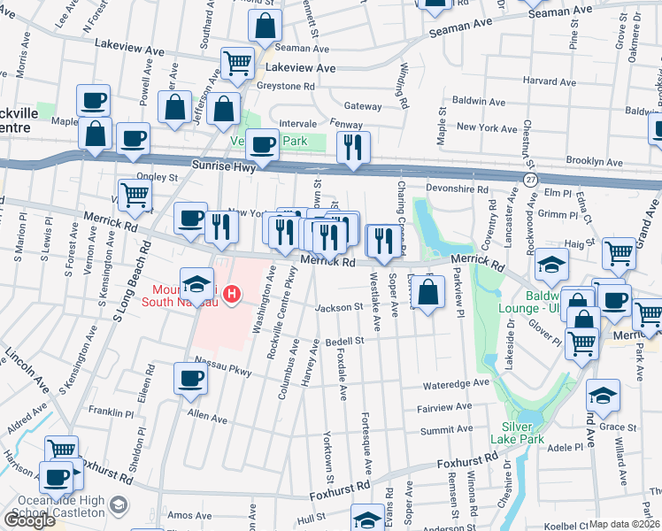 map of restaurants, bars, coffee shops, grocery stores, and more near 2367 Yorktown Street in Oceanside