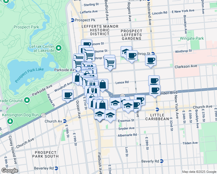 map of restaurants, bars, coffee shops, grocery stores, and more near 80 Lenox Road in Brooklyn
