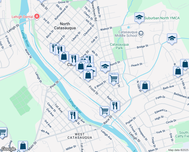 map of restaurants, bars, coffee shops, grocery stores, and more near 213 Church Street in Catasauqua