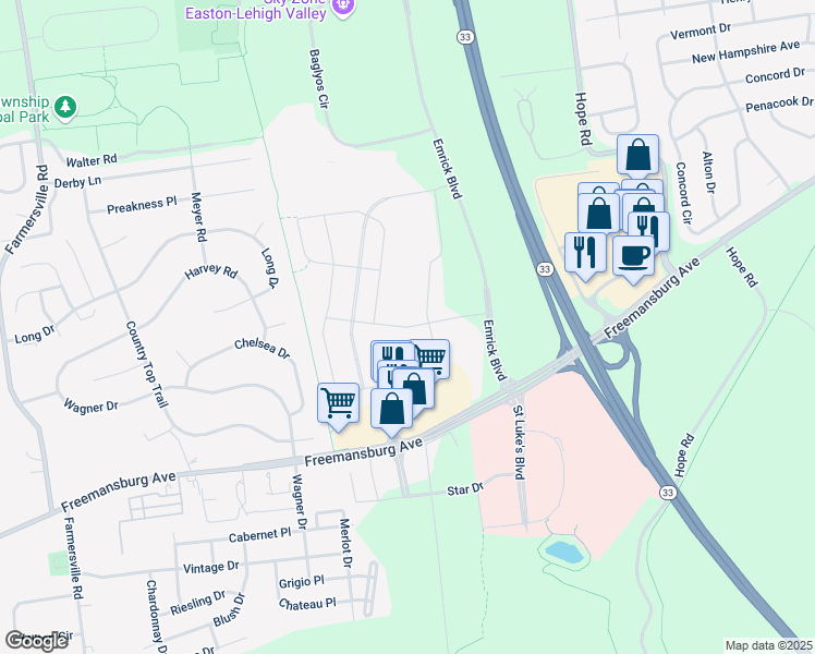 map of restaurants, bars, coffee shops, grocery stores, and more near Dealtrey Drive in Bethlehem