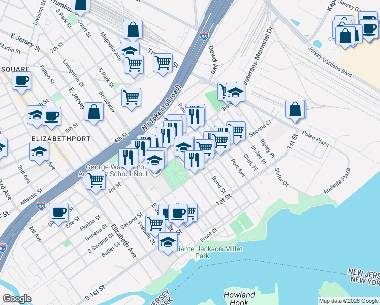 map of restaurants, bars, coffee shops, grocery stores, and more near 237 Magnolia Avenue in Elizabeth