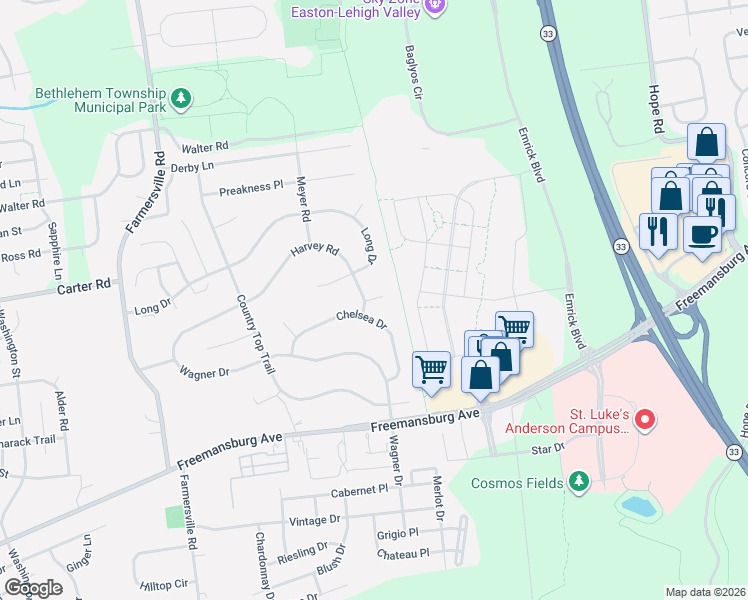 map of restaurants, bars, coffee shops, grocery stores, and more near 5005 Rye Court in Bethlehem
