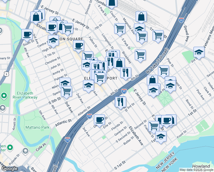 map of restaurants, bars, coffee shops, grocery stores, and more near 414 Marshall Street in Elizabeth