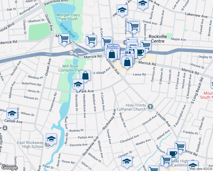 map of restaurants, bars, coffee shops, grocery stores, and more near 124 South Park Avenue in Rockville Centre
