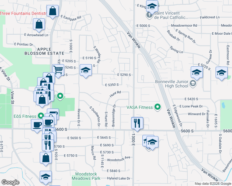 map of restaurants, bars, coffee shops, grocery stores, and more near 5500 South Hunt Road in Salt Lake City