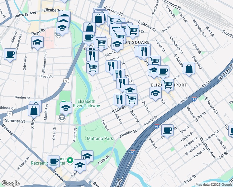 map of restaurants, bars, coffee shops, grocery stores, and more near 316 Niles Street in Elizabeth