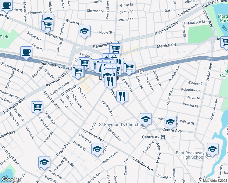 map of restaurants, bars, coffee shops, grocery stores, and more near 120 Atlantic Avenue in Lynbrook