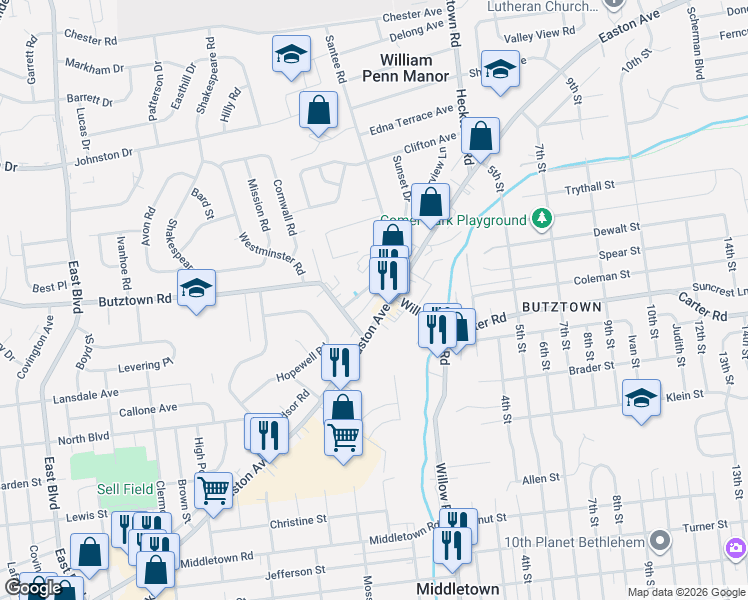 map of restaurants, bars, coffee shops, grocery stores, and more near 3233 Easton Avenue in Bethlehem