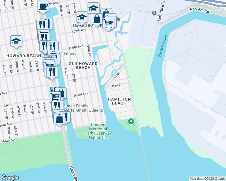 map of restaurants, bars, coffee shops, grocery stores, and more near 99-65 163rd Road in Queens