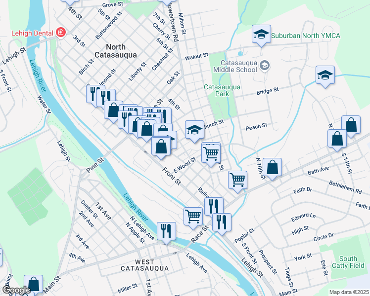 map of restaurants, bars, coffee shops, grocery stores, and more near 324 Limestone Street in Catasauqua