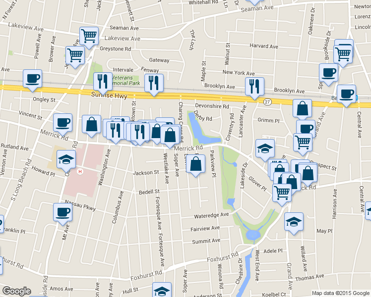 map of restaurants, bars, coffee shops, grocery stores, and more near Merrick Rd & Loft Ave in Oceanside