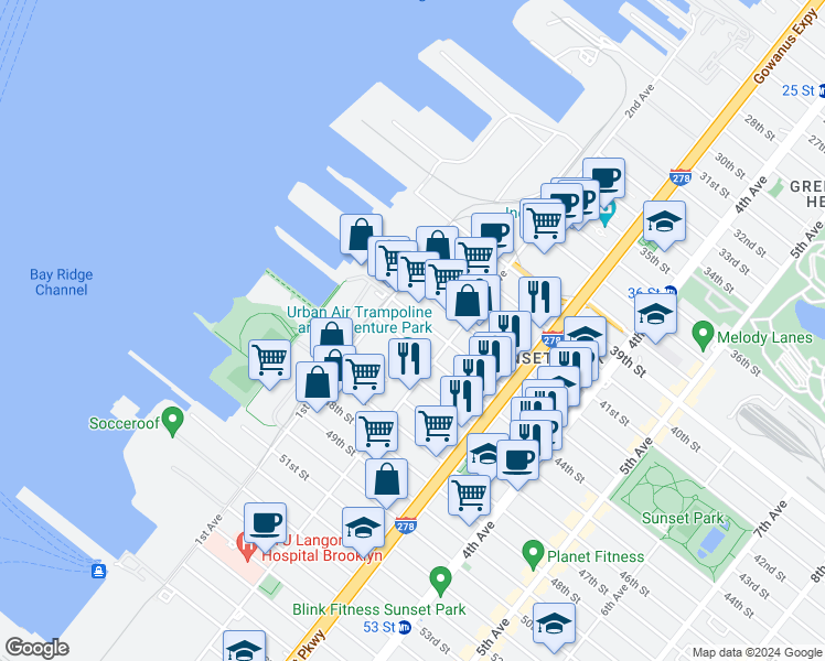 map of restaurants, bars, coffee shops, grocery stores, and more near 148 43rd Street in Brooklyn
