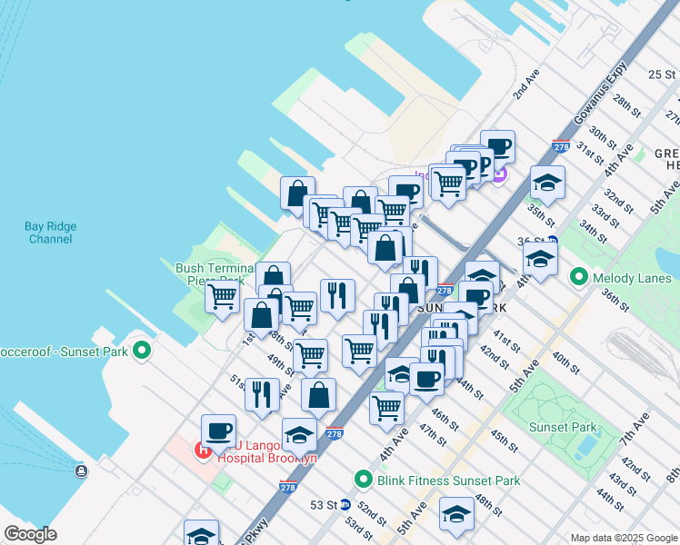 map of restaurants, bars, coffee shops, grocery stores, and more near 148 43rd Street in Brooklyn