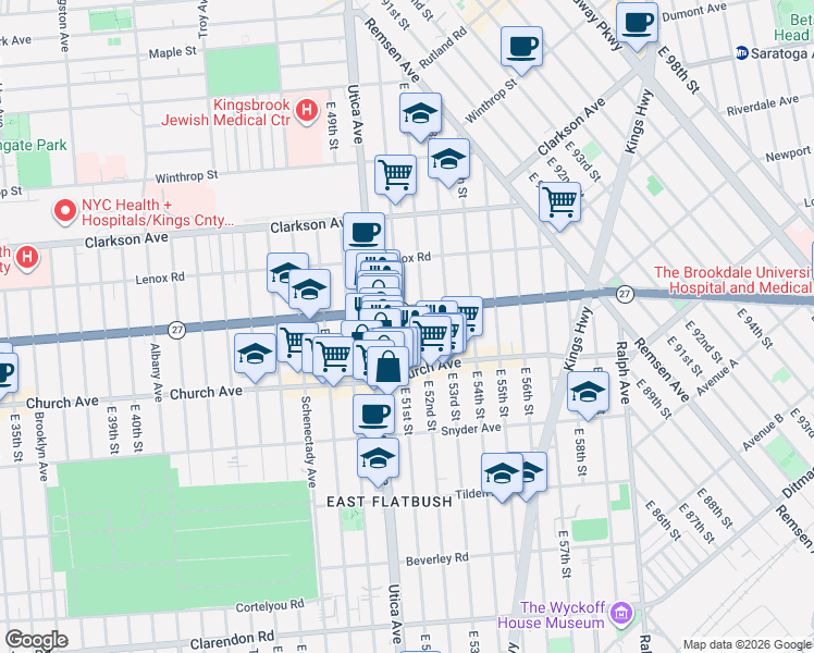 map of restaurants, bars, coffee shops, grocery stores, and more near 320 East 52nd Street in Brooklyn