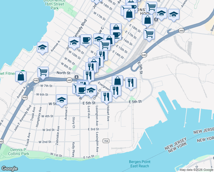 map of restaurants, bars, coffee shops, grocery stores, and more near 59 Evergreen Street in Bayonne