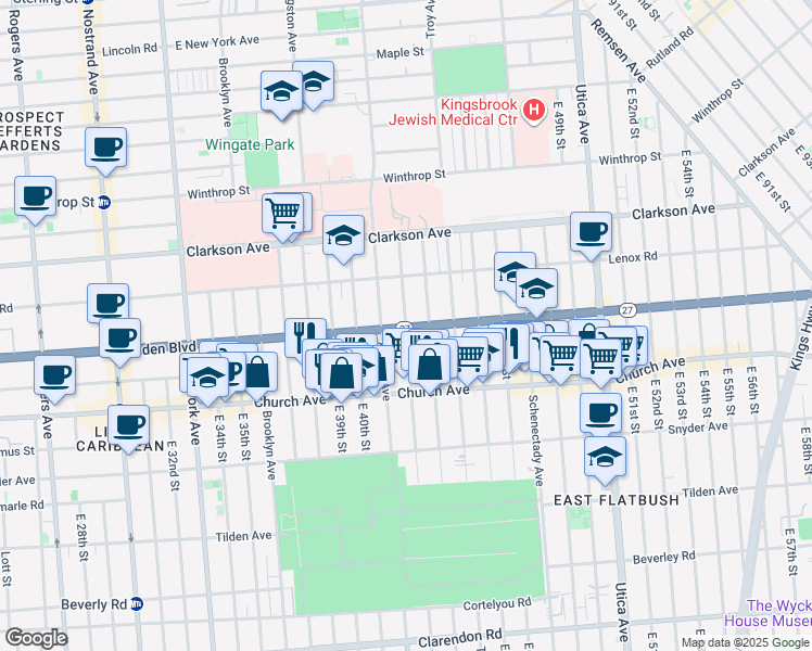 map of restaurants, bars, coffee shops, grocery stores, and more near 105 East 42nd Street in Brooklyn