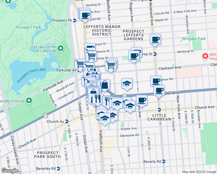 map of restaurants, bars, coffee shops, grocery stores, and more near 2192 Caton Avenue in Brooklyn
