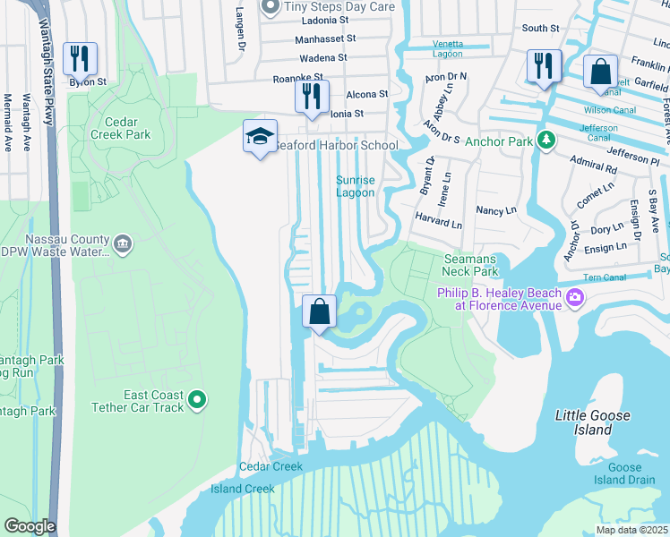 map of restaurants, bars, coffee shops, grocery stores, and more near 2720 Peconic Avenue in Seaford