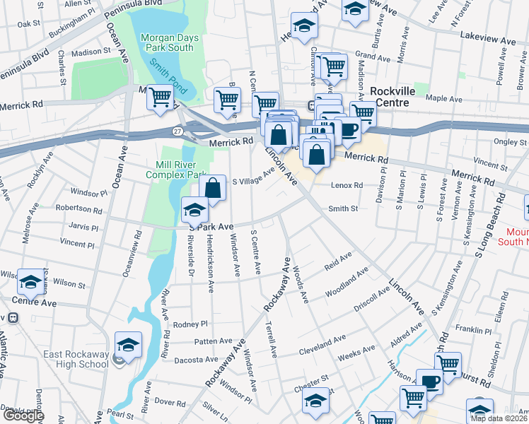 map of restaurants, bars, coffee shops, grocery stores, and more near 99 South Park Avenue in Rockville Centre