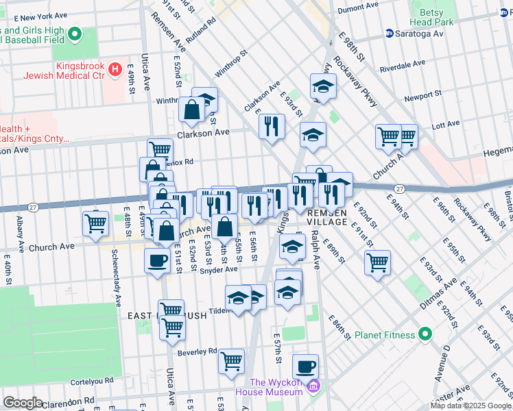 map of restaurants, bars, coffee shops, grocery stores, and more near 169 East 56th Street in Brooklyn