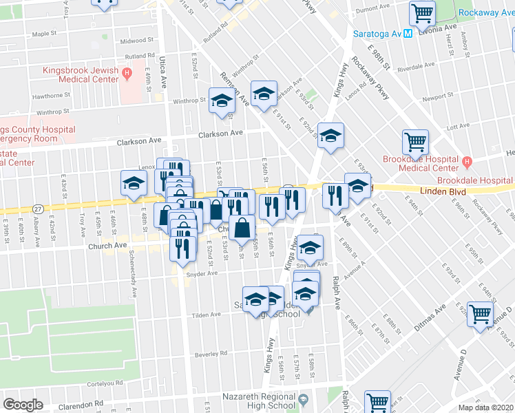 map of restaurants, bars, coffee shops, grocery stores, and more near 204 East 55th Street in Brooklyn