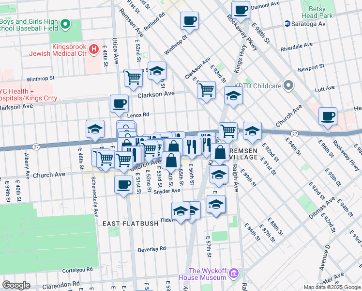 map of restaurants, bars, coffee shops, grocery stores, and more near 204 East 55th Street in Brooklyn