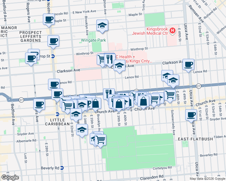 map of restaurants, bars, coffee shops, grocery stores, and more near 484 Linden Boulevard in Brooklyn