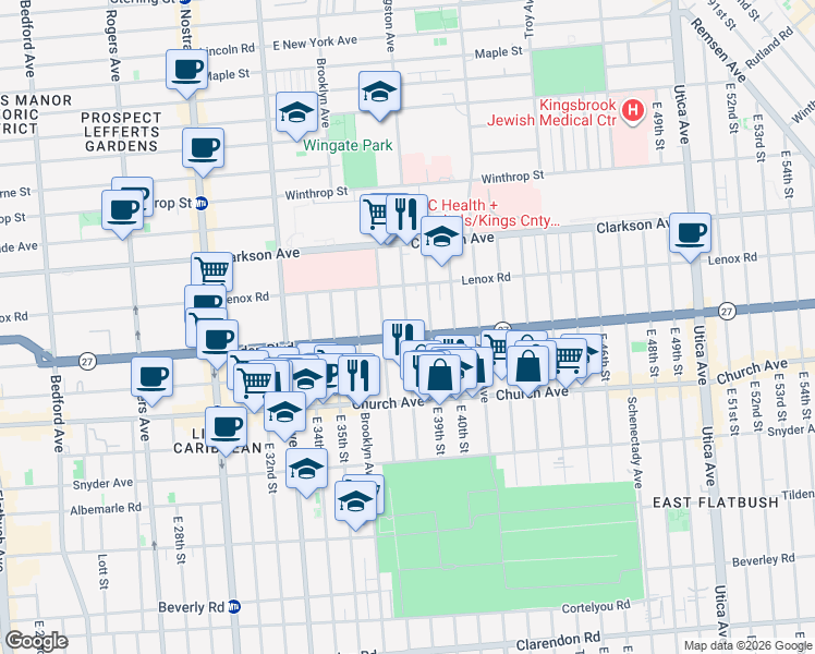 map of restaurants, bars, coffee shops, grocery stores, and more near 446 Linden Boulevard in Brooklyn