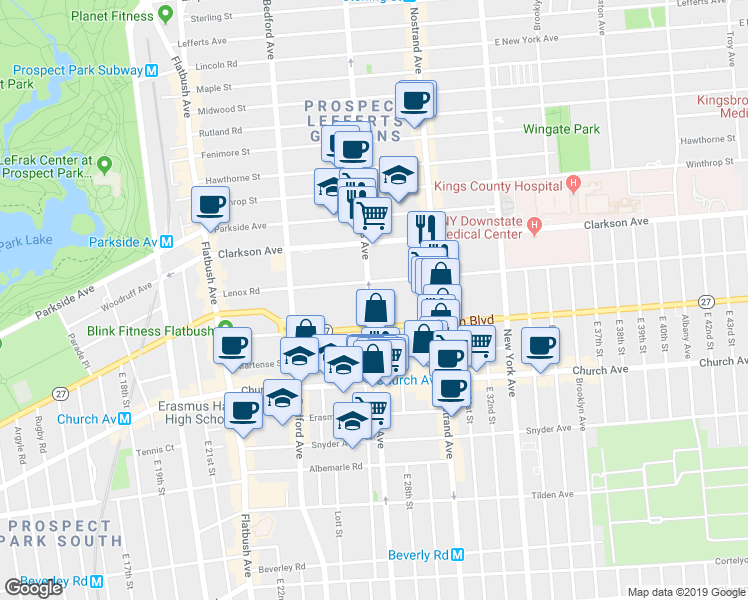 map of restaurants, bars, coffee shops, grocery stores, and more near 760 Rogers Avenue in Brooklyn
