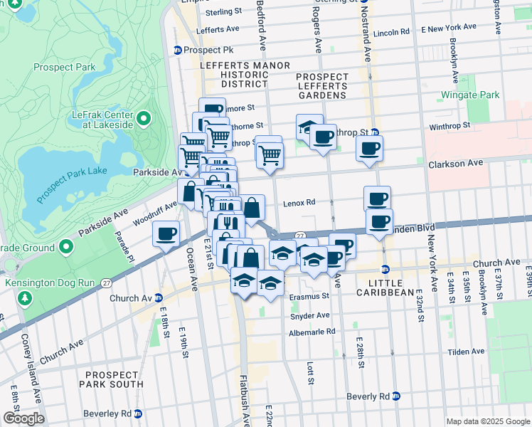 map of restaurants, bars, coffee shops, grocery stores, and more near 2192 Caton Avenue in Brooklyn
