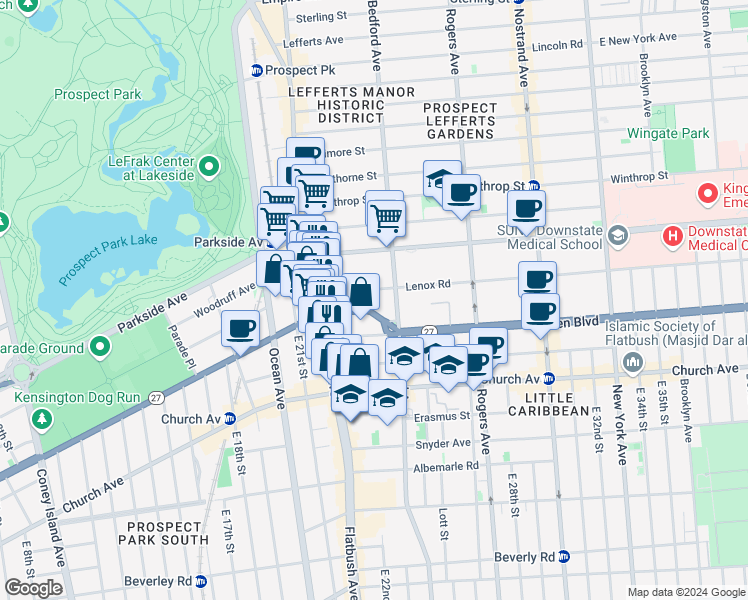 map of restaurants, bars, coffee shops, grocery stores, and more near 2192 Caton Avenue in Brooklyn